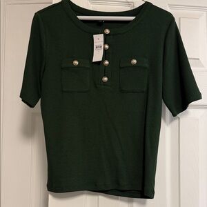 Ann Taylor Forest Green Ribbed Short Sleeve Top with Gold Medallion Buttons